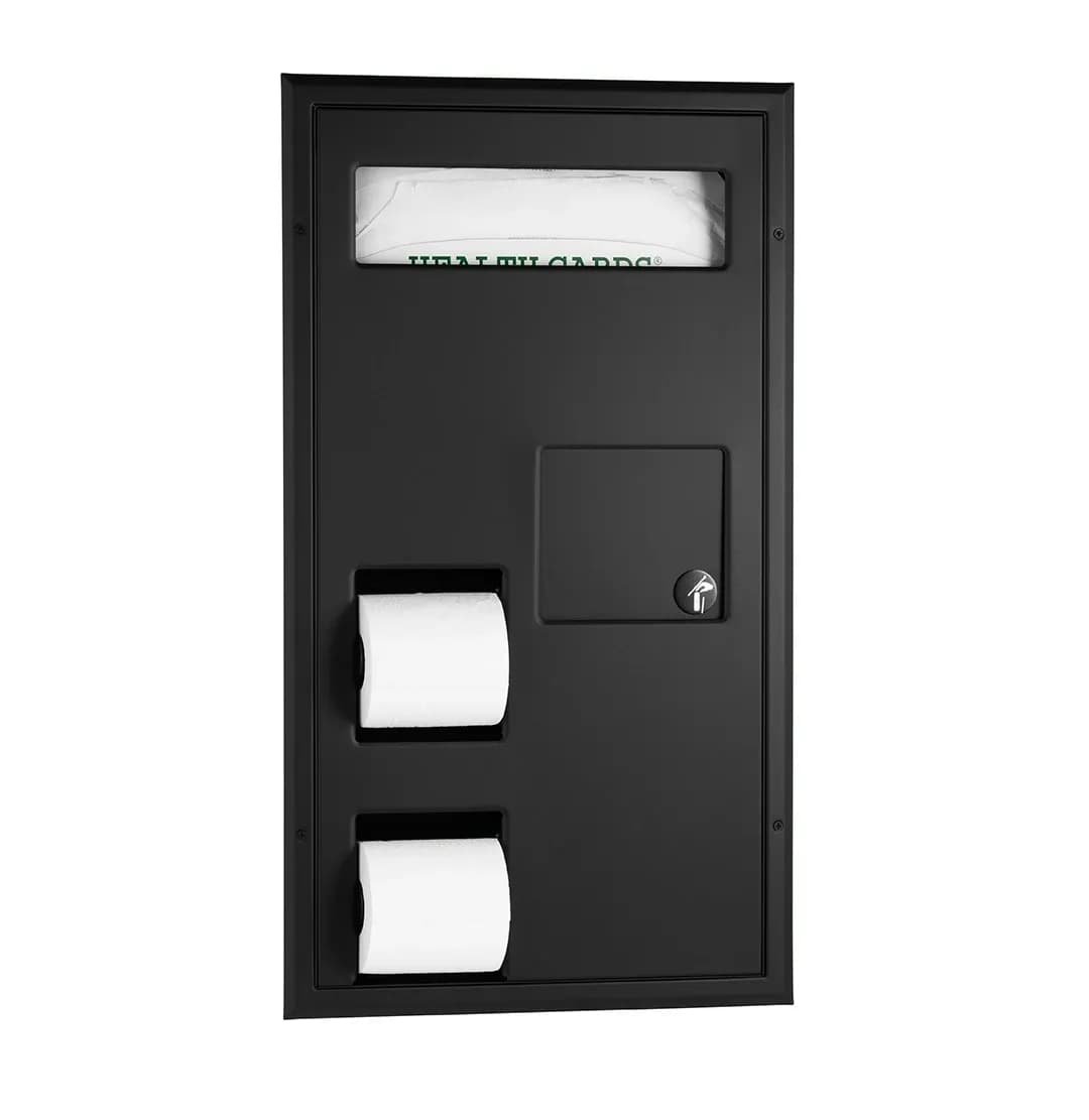 Partition-Mounted Toilet Tissue / Seat Cover Dispenser / Waste Disposal, Right Side While Seated — B-3571-MBLK