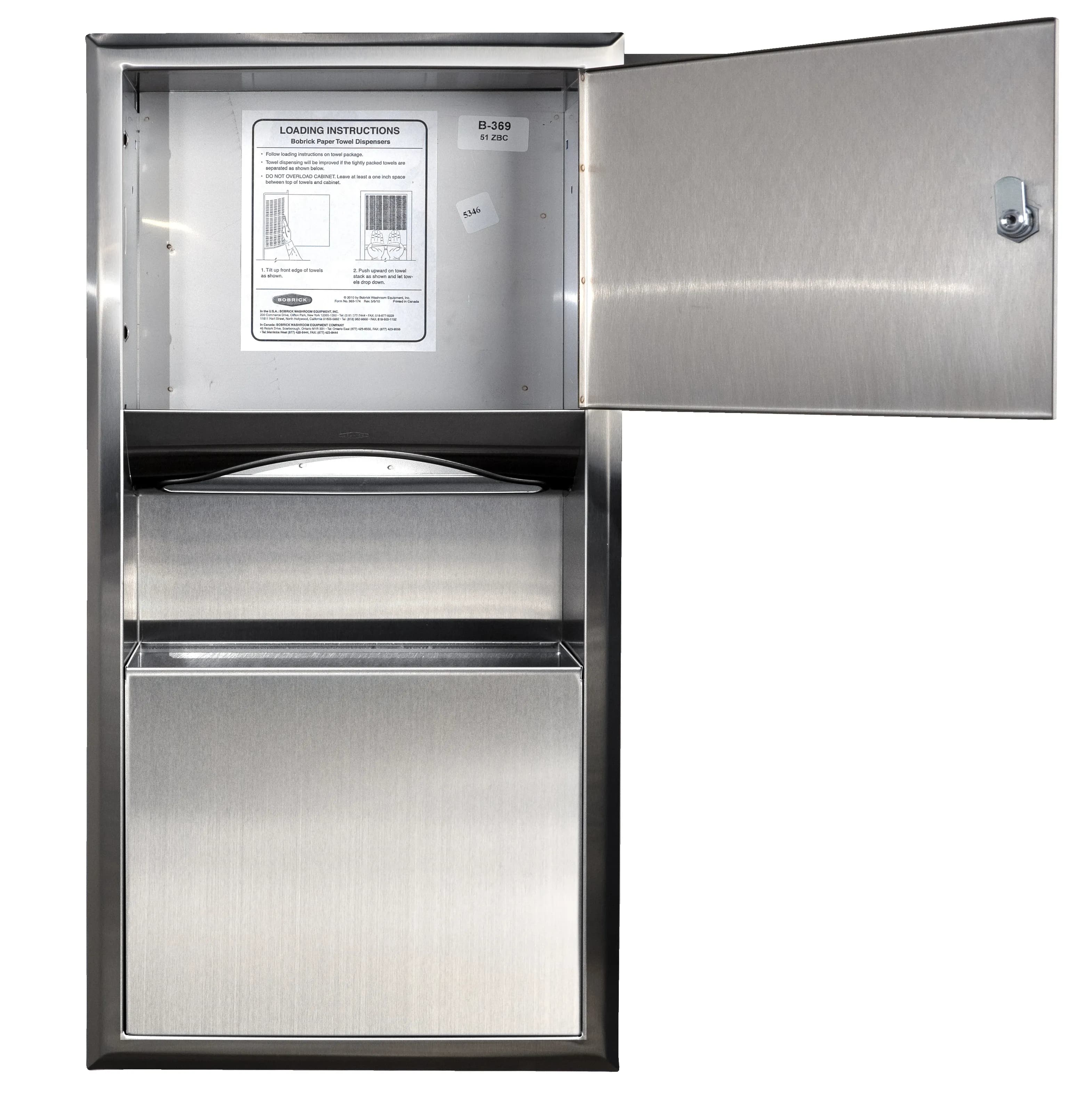 Recessed Paper Towel Dispenser and Waste Receptacle, Satin Finish, 2-Gallon Waste — B-369