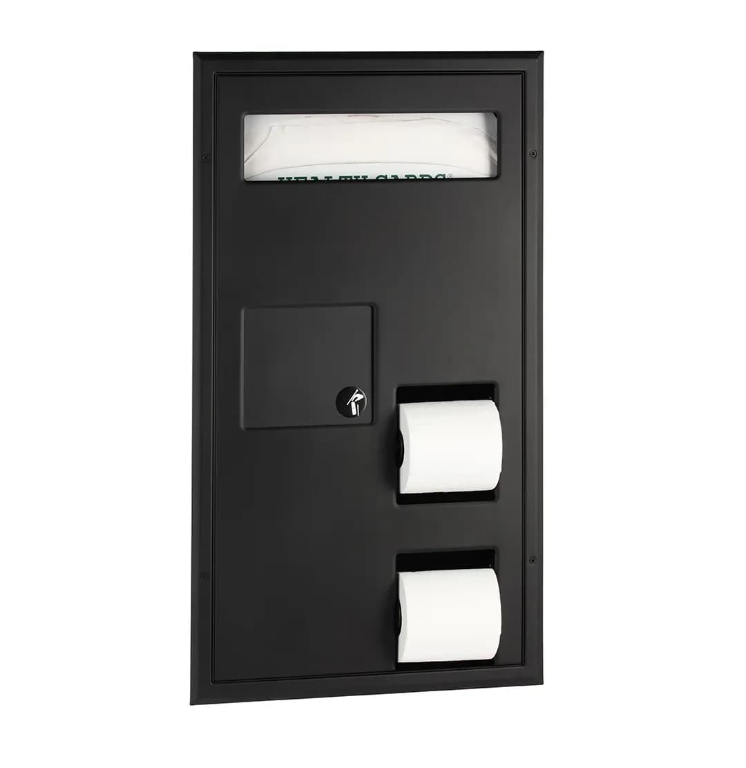 Partition-Mounted Toilet Tissue / Seat Cover Dispenser / Waste Disposal, Left Side While Seated — B-35715-MBLK