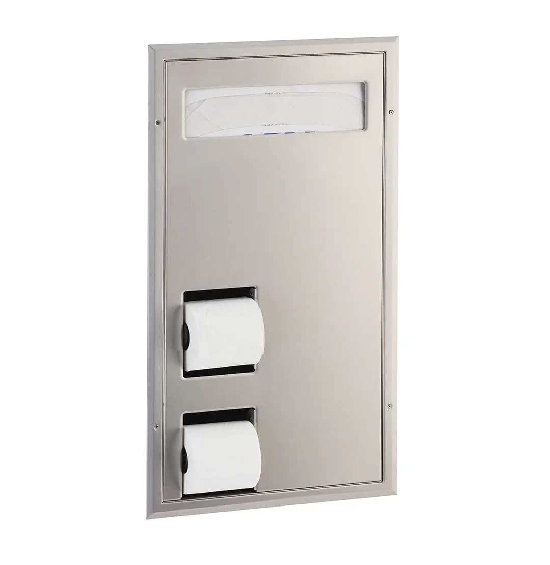 Partition-Mounted Toilet Tissue / Seat Cover Dispenser, Right Side While Seated, Satin Finish
