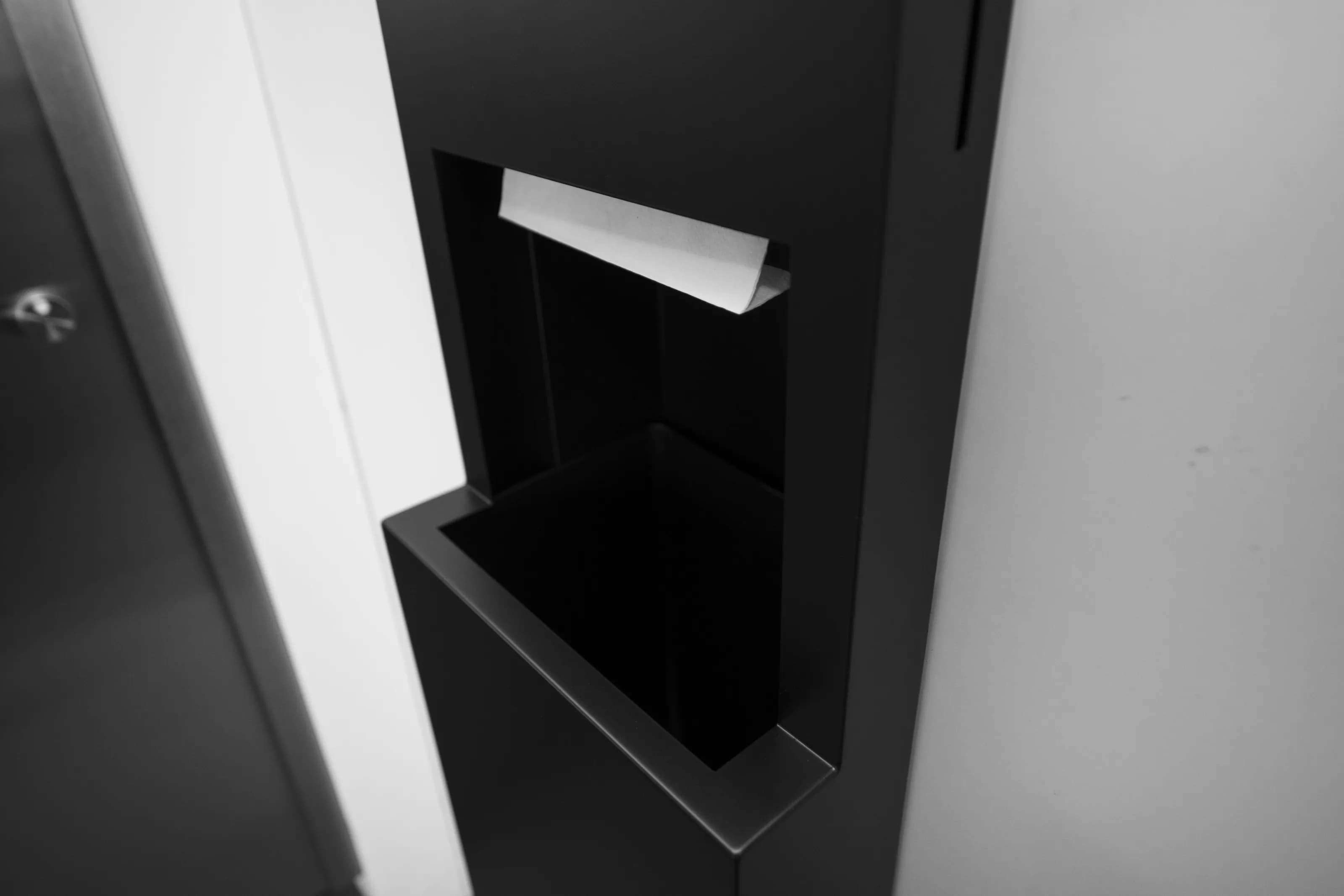 Semi-Recessed Paper Towel Dispenser and Waste Receptacle, Satin Finish, 8.5-Gallon Waste — B-9944-MBLK