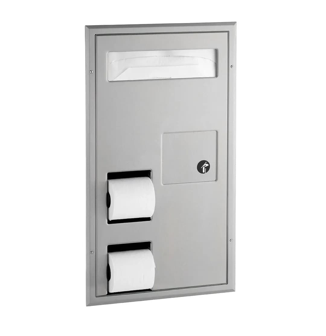 Partition-Mounted Toilet Tissue / Seat Cover Dispenser / Waste Disposal, Right Side While Seated