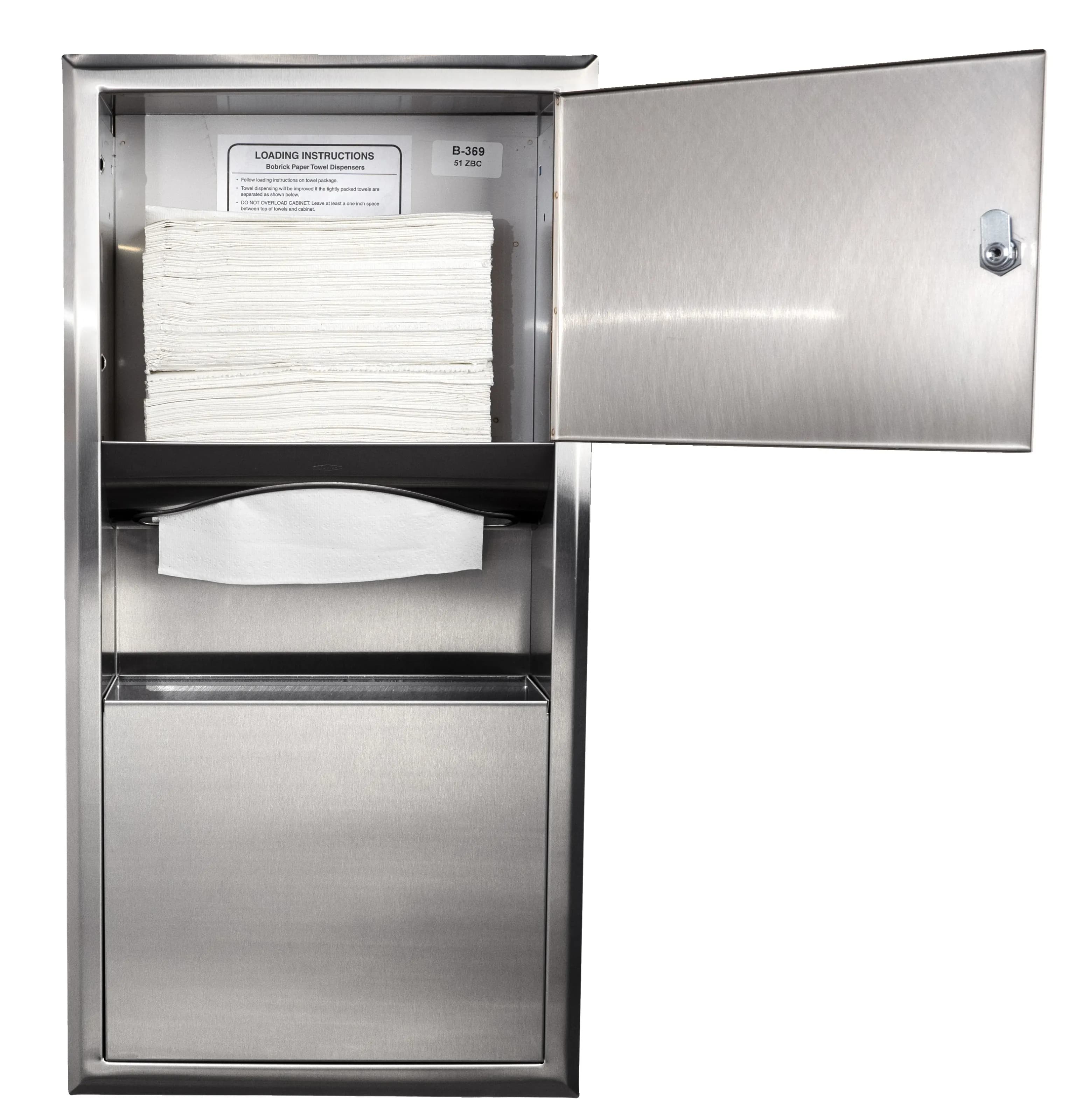 Recessed Paper Towel Dispenser and Waste Receptacle, Satin Finish, 2-Gallon Waste — B-369