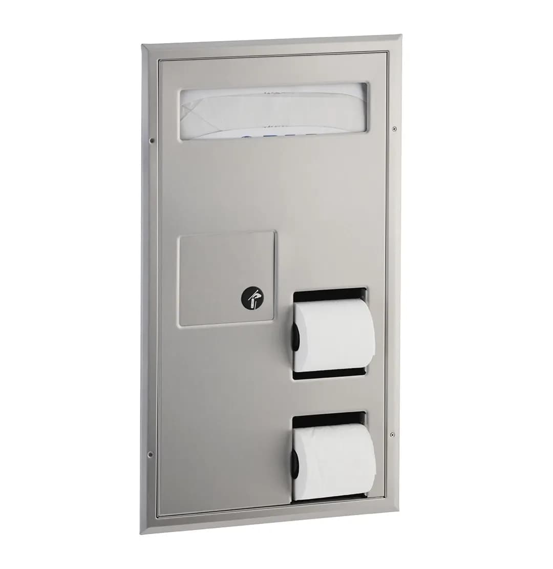 Partition-Mounted Toilet Tissue / Seat Cover Dispenser / Waste Disposal, Left Side While Seated