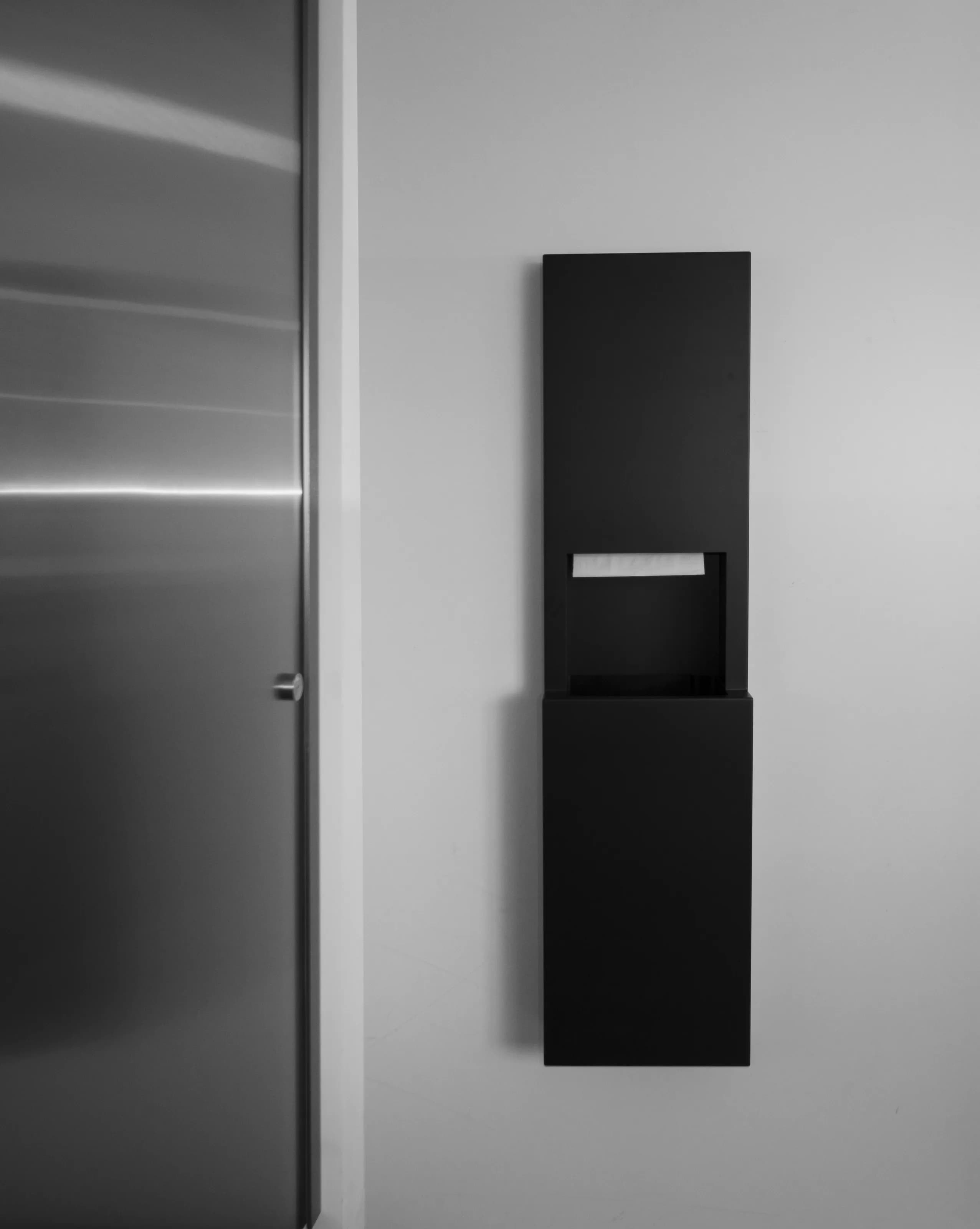 Semi-Recessed Paper Towel Dispenser and Waste Receptacle, Satin Finish, 8.5-Gallon Waste — B-9944-MBLK