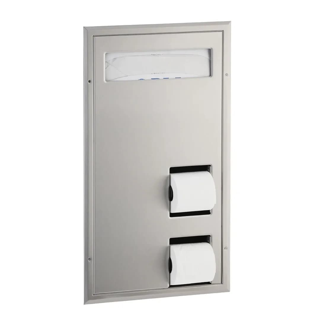 Partition-Mounted Toilet Tissue / Seat Cover Dispenser, Left Side While Seated, Satin Finish